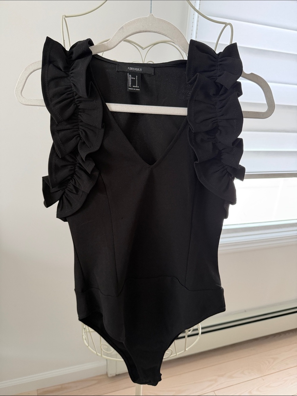 Forever 21 Black Ruffle Trim V-Neck Bodysuit